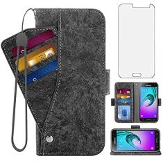 Asuwish Compatível com Samsung Galaxy J3 2016/J 3 V/J36V/Sky/Amp Prime, capa carteira protetora de tela de vidro temperado, suporte de cartão, suporte de suporte, capas de telefone para Glaxay Sol J3V