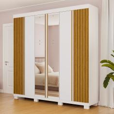 Guarda Roupa Casal 230,10cm 6 Portas Ripado 6 Gavetas Com Espelho 100% Mdf Magnólia Branco-cinamomo