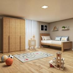 Quarto Infantil Com Guarda Roupa Solteiro 4 Portas 2 Gavetas Alonzo e Cama Solteiro Athenas Amêndoa Clean