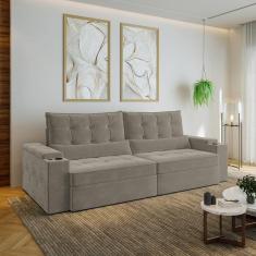 Sofá Retrátil e Reclinável com Porta Copos e Usb 4 Lugares 270cm Embaúba Extra Cabecasa Madeiramadei Cinza Claro Fosco