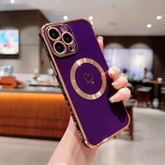 Luxo magnético amor coração caso de telefone para iphone 15 14 13 12 11 pro max plus casos de carregamento sem fio capa, roxo escuro, para iphone 12pro