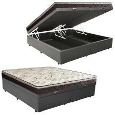 Cama Box Baú Queen Sintético Bipartido + Colchão Elegance Ortopédico Espuma D33 Extra Firme 158x198x63 Cor:cinza