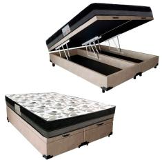 Cama Box Baú Casal Suede Bipartido + Colchão Ortobom Iso Dupla Face 60x138x188 Cor:bege