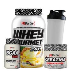 Kit Whey Protein Gourmet + Creatina 300g + BCAA 100 cáps + Coqueteleir