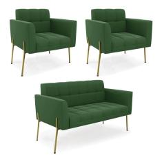 Sofá Namoradeira E 2 Poltronas Pé De Ferro Dourado Elisa Suede Verde D03 - D'rossi