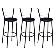 Kit 3 Banquetas Altas Preta com Encosto Assento Preto