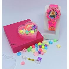 Relógio Infantil Menina Digital Pisca Luz Led Princesas Disney + Kit Miçangas para Montar Criar Pulseiras Colares Anel