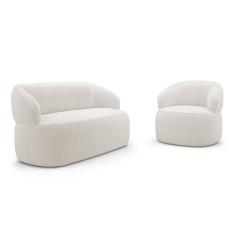 Kit Poltrona Giratória E Sofá Orgânico Living Glee 03 Lugares 170cm Bouclê Off White - Desk Design