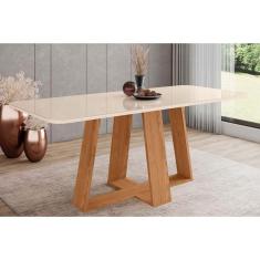 Mesa p/ Cozinha Lins SC96 c/ Tampo Madeirado c/ Vidro Curvo 200x90cm Nature/Off White - Henn