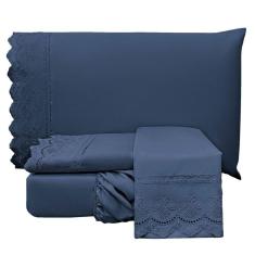 Jogo Cama Lençol Casa Scarpa Loren Casal Padrão Bordado Inglês Micro Percal 300 Fios 4 Peças - Azul Jeans