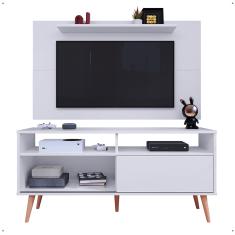Rack Bancada Estante Painel TV Smart 48 Polegadas Home Pequeno Nicho Porta Correr Pés Palito Retrô Sala Quarto Samba Branco- rpm