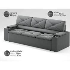 Sofá com Porta Copos Retrátil e Reclinável Pop 2,05m Velosuede Grafite - NETSOFAS