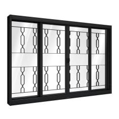 Janela De Aço De Correr Central Com Grade Mosaico 4 Folhas 120x150cm Aço Pronto Riobras Preto