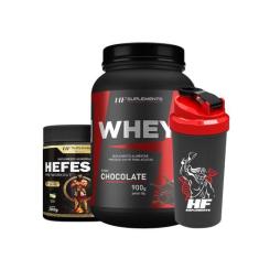 Whey protein chocolate 900g + pré treino limonada + coq - HF SUPLEMENT