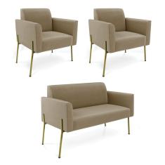 Sofá Namoradeira e 2 Poltronas Pé de Ferro Dourado Marisa Suede Marrom Rato D03 - D`Rossi