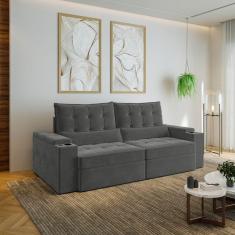 Sofá Retrátil e Reclinável com Porta Copos e USB 4 Lugares 240cm Embaúba Extra CabeCasa MadeiraMadeira Grafite Fosco