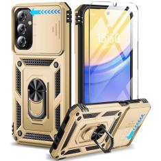 BaHaHoues Capa para Samsung Galaxy A15 5G com protetor de tela e capa de lente de câmera deslizante, suporte de anel magnético de rotação de 360° integrado à prova de choque, capa protetora para