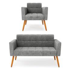 Kit 1 Sofá Namoradeira E 1 Poltrona Elisa Linho Pés Palito Castanho - D`rossi Cor A26 Grafite