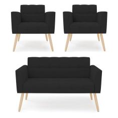 Kit 1 Sofá Namoradeira E 2 Poltronas Elisa Veludo Preto Pés Palito Natural - D`rossi