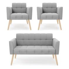 Kit 1 Sofá Namoradeira E 2 Poltronas Elisa Suede Cinza Pés Palito Natural - D`rossi