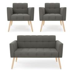 Kit 1 Sofá Namoradeira E 2 Poltronas Elisa Suede Grafite Pés Palito Natural - D`rossi