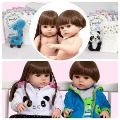 Bebe Reborn Gemeos 100% Vinil Panda Girafa Pelúcia + Itens - Cegonha R
