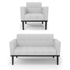 Sofá Namoradeira e Poltrona Base de Madeira Preto Elisa Linho Cinza A0