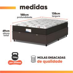 Cama Box Baú Colchão Casal Probel Molas Ensacadas Granville Pillow Top 138x188x69cm Marrom / Branco - Suporta até 110kg por Pessoa