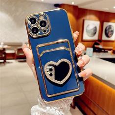 Glitter strass amor coração espelho chapeamento carteira cartão caso para iphone 14 13 11 12 pro max xs x xr 7 8 plus se capa macia, azul marinho, para iphone x