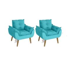 Kit 02 Poltrona/Cadeira Decorativa Glamour Azul Turquesa Com Pés Quadr