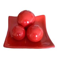 Centro De Mesa Prato Com 3 Esferas Em Cerâmica Decorativo - Vermelho -