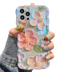 UEEBAI Capa floral para iPhone 13 Pro, capa de telefone feminina com pintura a óleo retrô colorida linda estampa brilhante capa ondulada fofa floral brilhante para mulheres e meninas, rosa verde
