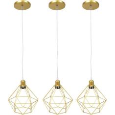 3 Pendentes Aramado Diamante Luminária Lustre Cabo Cristal 1,5 Mt Dour