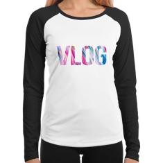 Baby Look Raglan Vlog Manga Longa - Foca na Moda, Branco, Preto, GG
