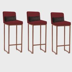 Kit 03 Banqueta Alta com Encosto Lucca Industrial Cozinha Balcão Ferro Bronze Corino Vermelho e Almofada Marrom - Ahazzo Móveis