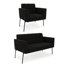 Sofá Namoradeira E Poltrona Pé De Ferro Preto Para Sala Elisa Suede D03 - D'rossi Cor Preto