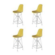 Kit 4 Banquetas Bistrô Alta Eames Amarela Base Ferro Branco - Cor: Ama