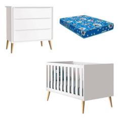 Berço Americano E Cômoda Gaveteiro Infantil Theo Branco Acetinado Com 