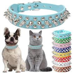 Coleira para cães com pontas, coleiras de filhote de cachorro de couro PU, cogumelos, rebites, garotos, cravejadas, para gatos, ajustáveis para cães XXS XS médio e grande, azul claro, M