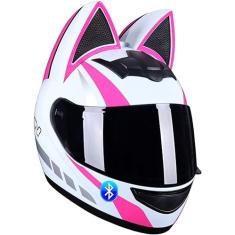 Capacete Bluetooth modular para motocicleta com orelhas de gato para homens e mulheres, capacetes de orelhas de gato fofos com sistema de ventilação com viseira HD aprovado pelo DOT/ECE (54-