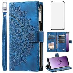 Asuwish Capa de telefone para Samsung Galaxy S9 Capa carteira com protetor de tela de vidro temperado e alça de pulso Mandala flor couro flip zíper suporte para cartão celular S 9 Edge 9S GS9 mulheres