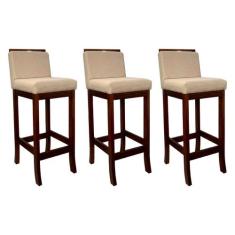 Kit 3 Banquetas Média para Bancada Turim Madeira Castanho Linho Bege C