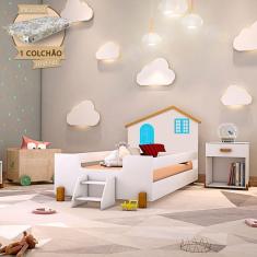 Cama Montessoriana Infantil Juvenil Belissima Azul - Branco E Mel + Colchão - Branco