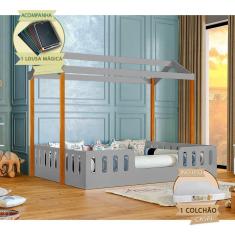 Cama Casal Com Colchão Casinha Montessoriana ágatha Cinza-amêndoa Incluso Lousa Mágica - Cinza