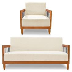 Kit Poltrona E Sofá Living 2 Lugares Marilia 1,60m Linho Base Em Madeira Castanho - Pallazio Cor Bege