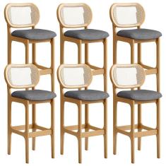 Kit 06 Banquetas Altas Para Cozinha Bancada Sala Tela Betta Fixa L02 Linho Cinza Escuro - Lyam