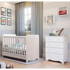 Quarto de Bebê com Cômoda 4 Gavetas e Berço Mini Cama 3 em 1 Cambalhota Espresso Móveis Branco Brilho