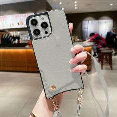 Capa de telefone tipo carteira crossbody para iPhone 15 14 Plus 13 12 11 Pro Max Capa de couro com suporte para cartão, cordão de ombro, alça de corda, cinza, para iPhone 15