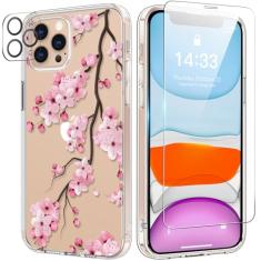 bicol Capa para iPhone 11 Pro com protetor de tela e protetor de lente de câmera - Design floral de flores elegantes para mulheres e meninas - Capa de telefone transparente de acrílico à prova de