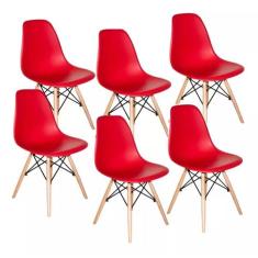 Kit 6 Cadeiras Charles Eames Eiffel Vermelha Base Madeira Sala Cozinha